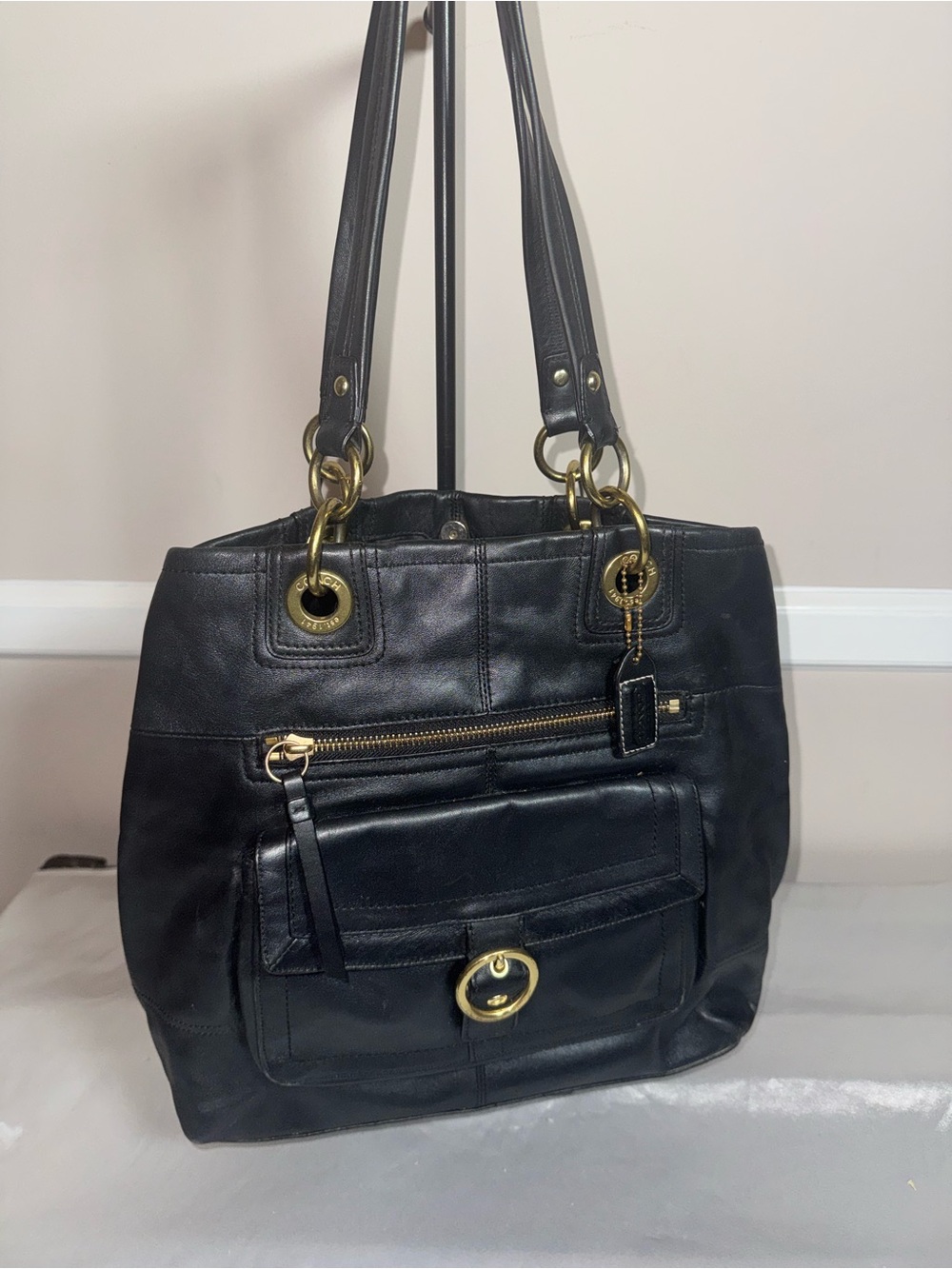 Coach Black Leather Shoulder Tote Bag with Gold Hardware